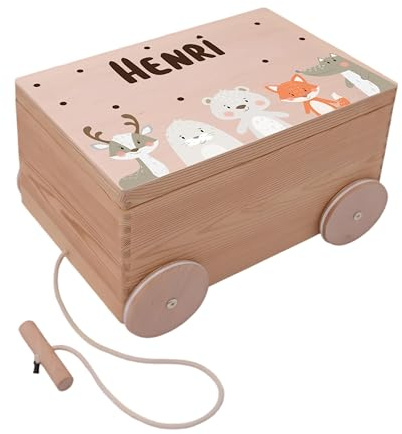Kidsmood - Spielzeugwagen, personalisiert mit Namen – Spielzeugkiste zum Ziehen, Holzkiste mit Deckel, Aufbewahrungsbox für Baby Spielzeuge, Tolle Erinnerungskiste Baby, Geschenk zur Geburt & Taufe