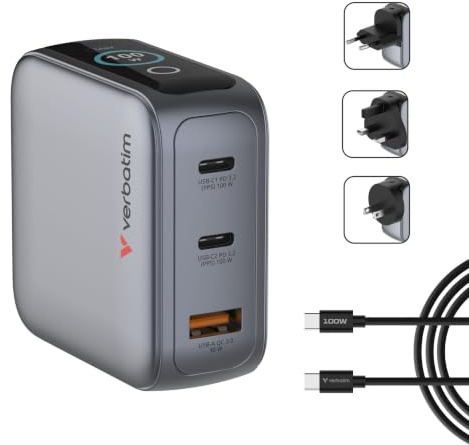 Verbatim Mini GaN Charger 100W Display 2X USB-C USB-A Reise Schnellladen | Ladegerät 3 Ports, Power Adapter 2× USB-C 1× USB-A, Mehrfachstecker für MacBook, Laptop, iPad, iPhone 17, Samsung EU, UK, USA