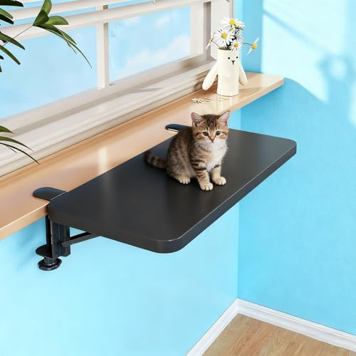 EXCLURA Folding Cat Window Perch with Support Clamp, No-Drill Window Sill Extender Table, Window Ledge Extension Board, Windowsill Desktop Shelf(Black,60x25cm(23 5/8x9 7/8))