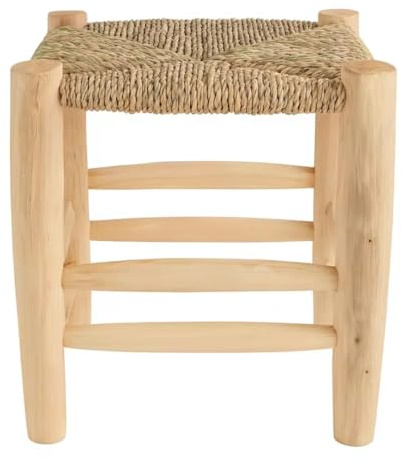 Genérico Taburete Marroquí Artesanal de Madera y Esparto Natural, Hecho a Mano, Estilo Rústico Boho, Asiento Auxiliar Decorativo (Tamaño 1) 20x20cm
