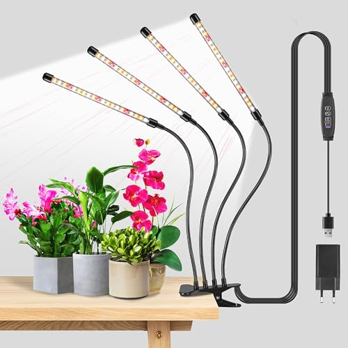 Pflanzenlampe für Zimmerpflanzen, Vollspektrum-Klemmleuchte mit flexiblem Schwanenhals, dimmbar in 10 Stufen, mit 3/9/12-Stunden-Timer, 4 Köpfe