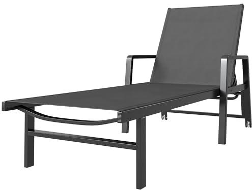 Outsunny Gartenliege, verstellbar, 4 Positionen, mit Rädern und Armlehnen, aus Textilene und Aluminium, Sonnenliege für Terrasse, Pool, Garten, Strand, 65 x 189 x 80 cm, Dunkelgrau