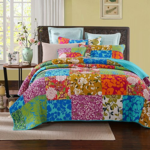 Tache 100% Baumwolle 3 PC colorful Flower Power Party Flickenteppich Set, baumwolle, Multi, Blue, Pink, Yellow, Green, Queen
