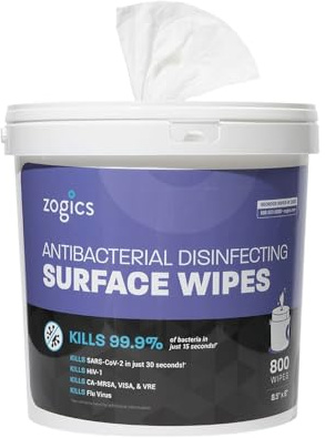 Zogics Antibacterial Wipes, EPA Registered Surface and Gym Equipment Disinfecting Wipes (800 Wipes) + Reusable Wipe Bucket Dispenser