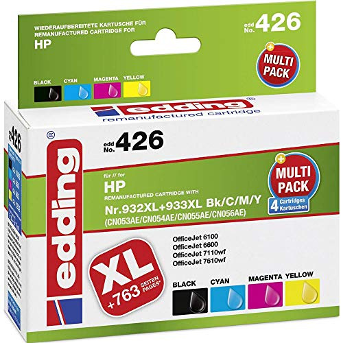 edding Druckerpatrone EDD-426 - Multipack 4 - Schwarz, Cyan, Magenta, Gelb - 1x 30ml + 3X 12 ml - Reichweite 1x 1090 3X 1030 - Ersetzt HP 932XL/933XL (CN053/CN054/CN055/CN056)