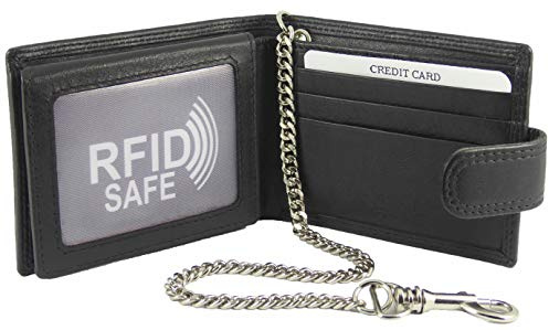 Hide and Sleek Mens Leather Security Chain Wallet, Notes, 8 Card Slots (Black)