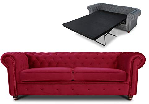 Sofnet - Schlafsofa Chesterfield Asti Bis 3-Sitzer (Rot, Velvet 59) | Bettsofa, Sofa mit Schlaffunktion, 3-Sitzer, Couch, Bettfunktion, Veloursstoff, Holzfüße, Chesterfield Stil