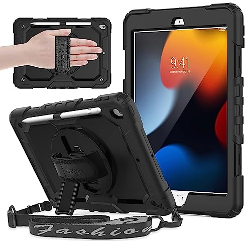 SEYMAC Hülle für iPad 9./8./7. Generation (10,2 Zoll), Stoßfeste Hülle mit Displayschutzfolie, Drehbarer Ständer/Handschlaufe, Schultergurt, Stifthalter für iPad 10.2 2021/2020/2019, Schwarz