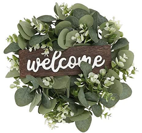 perfk Letrero de Bienvenida Coronas Decoración Rústica Pequeña para Puerta de Entrada Letrero Colgante de Madera con Decoración de Porche de Granja de Eucal - B