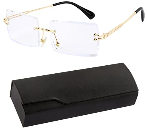 BETESSIN Deko Brille Rechteck Transparent Gläser mit Schwarz Brillenetui Randlose Brille ohne Sehstärke Retro Durchsichtige Linse Rahmenlose Deko Brille für Damen Herren
