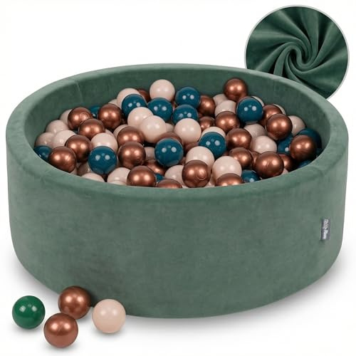 KiddyMoon Rund Bällebad Velvet Bällepool 90X30cm/200 Bälle ∅ 7Cm Ballgruben Für Babys Spielbad Kleinkinder, Hergestellt In Der EU, Waldgrün: Dunkeltürkis/Pastellbeige/Kupferrot