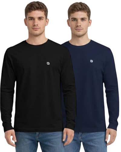 Bahob® 2 Pack Men's Long Sleeve T-Shirt Top Round Neck Full Sleeve T-Shirt Soft Cotton S-XXL (Black X Navy, XXL)