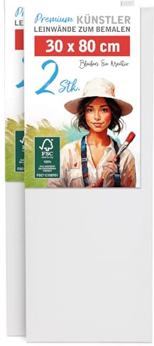 2er-Set Leinwand zum Bemalen 30x80cm groß - 100% Baumwolle 280g/m², 2-fach grundiert, FSC® Holz-Keilrahmen 17mm, für Acrylfarbe, Aquarell, Öl & Gouache