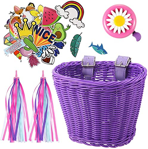 IVEOPPE - Cestino per Bicicletta, Set con Cestino Intrecciato, Cinturino in Pelle, Campanello per Bicicletta, Stelle Filanti, Adesivi, Regali (Viola)