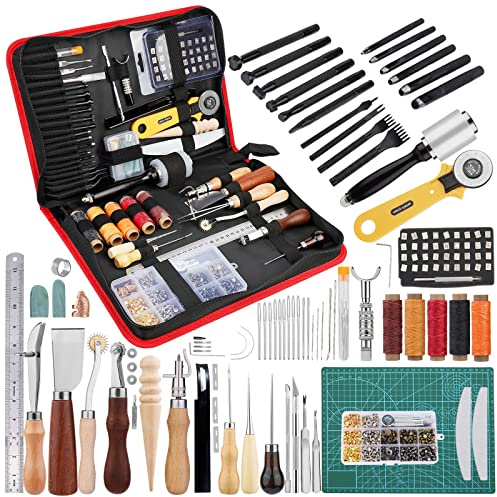 Kuppt Leder Werkzeug Set, Leder Bearbeitungs Werkzeug mit Stanzwerkzeugen, Nieten Kit, Grover, Schneidematte, Zinkenstanze und Aufbewahrungstasche für Anfänger und Erwachsene