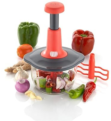 Nestwell N-334 Speedy - Tritatutto manuale da 1500 ml, con 3 lame per verdure, frutta, noci e frusta, tritatutto perfetto con pulsante di chiusura e pressione facile (corallo vivente)