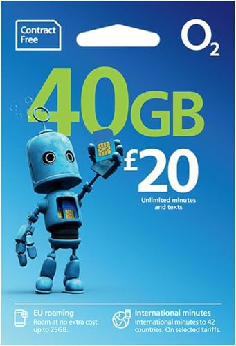 O2 PAY AS YOU GO SIM CARD WITH £20 BUNDLE - 40 GB AND UNLIMITED CALLS AND TEXTS - ROAM IN EUROPE