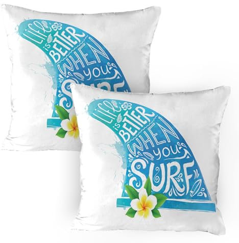 ABAKUHAUS Strand Saying Kissenbezug Packung mit 2, Das Leben ist Besser, wenn Sie Surf Text und Aquarell Ocean Wave mit Bali-Blume, Dekorativer Standard Gedruckter Kissenbezug, 80 x 80 cm, Mehrfarbig