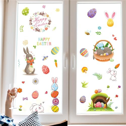 Hiseng Ostern Fensterbilder Selbstklebend,Ostereier Osterhase Fensterdekoration Ostern 9 Blatt Fensteraufkleber Frühling Floral Karotte Fenster Aufkleber Fenster Abziehbilder (Karikatur Kaninchen)
