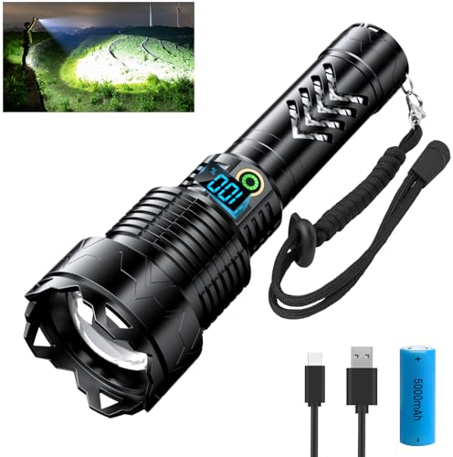 SIDARK Taschenlampe led Aufladbar mit Power Anzeige, 50000 Lumen Taschenlampe Extrem Hell, 5 Modi Zoombare Taktische Starke Taschenlampen, IPX7 Wasserdicht Flashlight für Outdoor-Schwarz