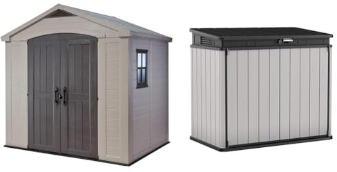 Keter Factor 8 x 6 ft Outdoor Storage Shed, Beige/Brown & Store It Out Premier XL Outdoor Garden Storage Shed, Grey and Black, 141 x 82 x 123.5 cm