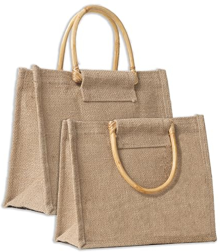 IPEA 2x Jute Tasche mit Holzgriffen zum Einkaufen, Verbringen und für die Freizeit – 2 Stück – Shopper aus natürlicher Jute – Einkaufstasche für Abend, Meer, Strand – Elegantes Design – 26 x 23 cm