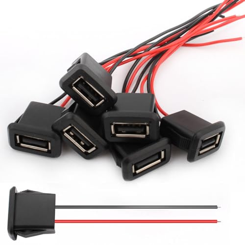 VISSQH 6 Pack Micro USB Female Sockets, 3A 2 Pin USB Type A Soldering Jacks with 100mm 22AWG Pigtail Power Cables, Compatible with Various Small Appliances