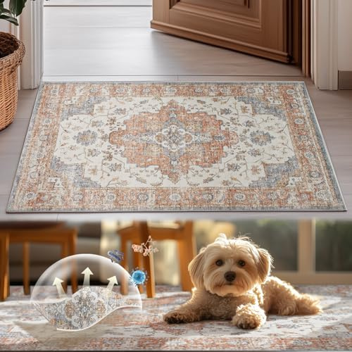 TOPICK Läufer Flur Waschbar Küche Läufer Kurzflor Retro Ziegelrot Orientalischer Teppich 60x150cm Antibakterieller Faltbar rutschfest Teppich für Brücken Schlafzimmer Wohnzimmer Flur Eingangsbereich