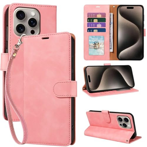 GOTOURED Wallet Phone Case for iPhone 15 Pro 6.1 inch, [RFID Blocking 4 Card Slots] [Wrist Strap] [Kickstand] Magnetic Closure Shockproof Protective Soft Leather Flip Cover (Pink)