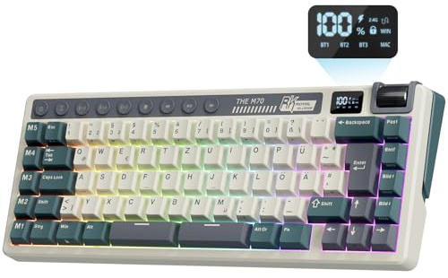 RK ROYAL KLUDGE M70 Mechanische Tastatur Kabellos, 75% Gasket Gaming Tastatur mit Makrotasten und Akku-Anzeige, QWERTZ, RGB, 2,4 G/BT/USB-C, 6000 mAh, PBT-Tastenkappen, Hot Swap Creamy Switches