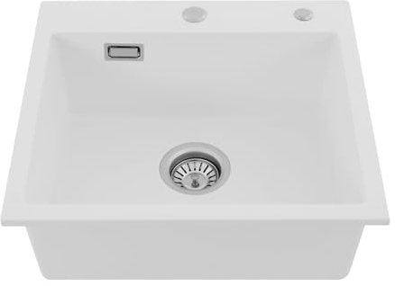 Lavabo 50 x 45 cm, lavello da cucina, 1 vasca + set di scarico, lavello da incasso, pietra al quarzo, resistente alle macchie, facile da pulire (bianco)
