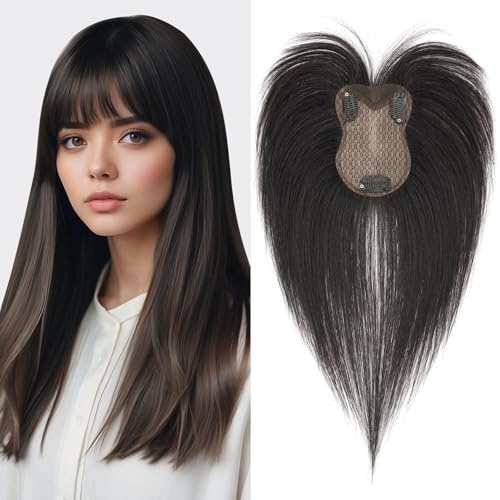 S-noilite Toupets für Frauen mit Pony 8x11cm - 100% Echthaar Topper Hair Extensions Echthaar Damen Haarverdichtung #1B Natürliches Schwarz 21 Gramm