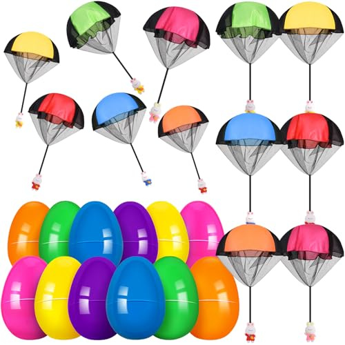 Joottuan 12 Packs Prefilled Easter Eggs Parachute Toy Basket Stuffers Throwing Flying Toy for Kids Children Girls Boys Egg Hunt Game Easter Party Favor