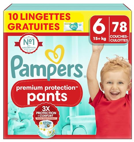 Pampers Premium Protection Pants Taille 6, 78 Couches-Culottes, 15+kg, Avec Maintien 360° et Matières Ultra-Douces Pour Notre Meilleur Confort Et Protection + 10 Lingettes Harmonie Aqua Gratuites