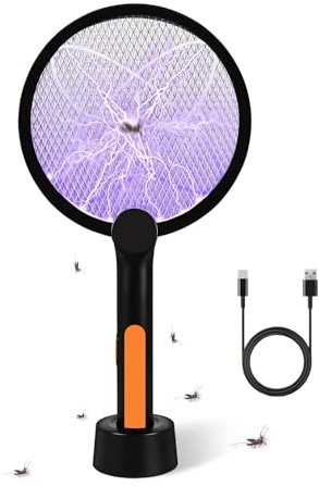 Bavmosek 4000V Elektrische Fliegenklatsche mit Ladestation, 2 in 1 USB mit Akku Aufladbar Elektro Mückenklatsche mit Lichtfalle Moskito Schwarz (Schwarz 1 STK)