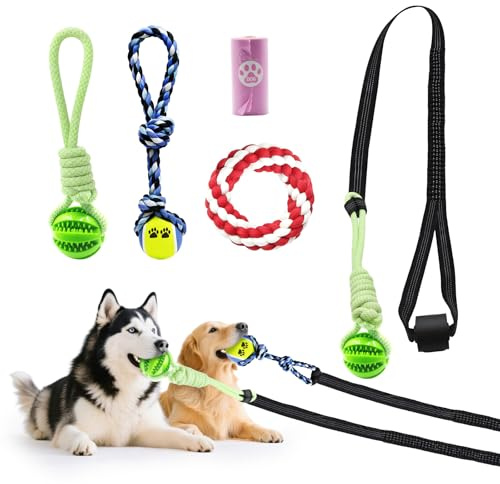 Dog Outdoor Bungee Solo Hanging Toy, Tether Tug of War Toys for Pitbull Small Large Aggressive Chewers Dogs to Exercise, Extra Durable Interactive Tug Toy, Dog Rope Toys (3 Chew Ropes,1 poop bag)