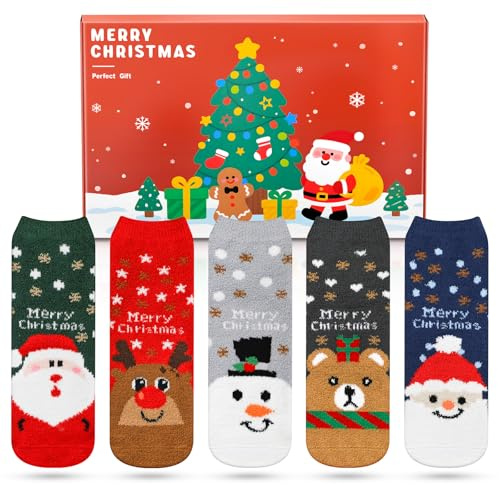 Airabc 5 Paar Weihnachtssocken Damen, Bunte Lustige Gemusterte Thermosocken Damen, Kuschelsocken Warme Flauschige Socken, Haussocken Wintersocken Christmas Geschenke EU 35-42