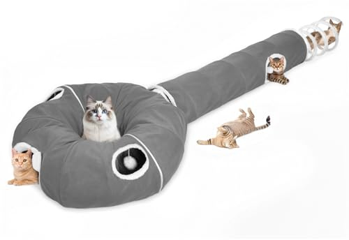 Ownpets 2-in-1 Katzentunnel & Höhle, plüsch, 30cm Durchmesser | faltbares Tunnel-Bett, Plüschball, mehrere Ausgänge, für Katzen, Welpen, Kaninchen