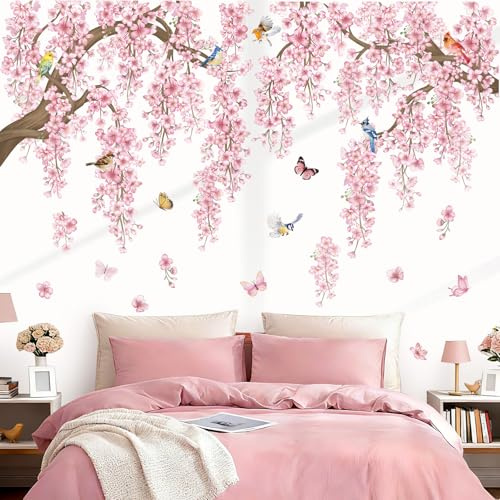 wondever Wandtattoo Kirschblüte Baum Ast Groß Wandsticker Hängende Blumen | Abziehen und Aufkleben, Abziehbar, Wandaufkleber Selbstklebend für Schlafzimmer Wohnzimmer Flur Sofa Hintergrund Wanddeko