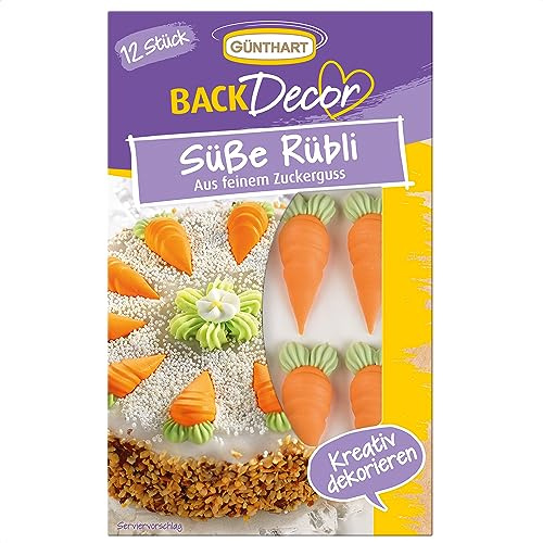Günthart BackDecor 12 Stück Rüebli, aus Zucker, für einen Karotten, Möhren, Ruebli Kuchen, 1er Pack (36 gr)