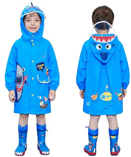JinBei Impermeabile Bambini Poncho Pioggia con Cappello a Tesa Trasparente Strisce Riflettenti Ragazzi Giacche con Tasca Bottoni Cerniera Raincoat Stampa Squalo Blu 3-4 Anni