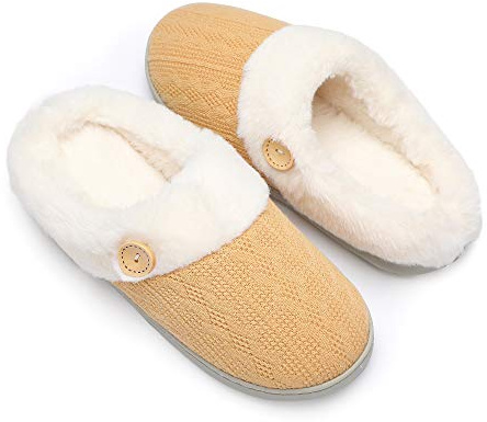 Chantomoo kvinnor hus tofflor bekväm minnesskum plysch sovrum fuskpäls fodrade stickade varma tofflor slip-on lätta skor, inomhus utomhus halkfri gummisula mysig, GUL, 42/43 EU