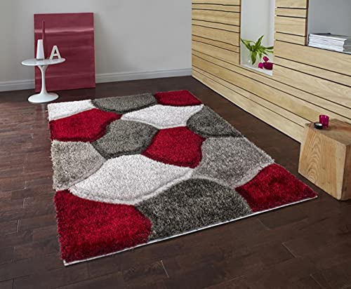 Modern Area Rug, Polypropylene Geometric Rug, Super Soft Shaggy Rug, Rectangular Mat, for Bedroom, Living Room, Long Hall Runner Carpet, Red-Grey, 60x110