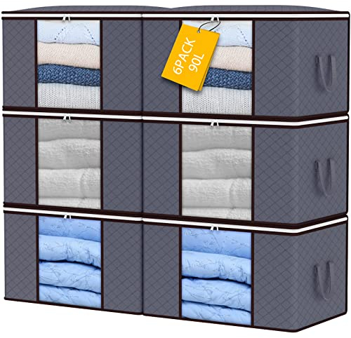 YearningHome 6 Pack 90L Storage Bags,Large Capacity Clothes Storage Boxes with Lids and Zips,Foldable Storage Boxes with Reinforced Handle Breathable Thick Fabric for Comforters, Blankets, Bedding