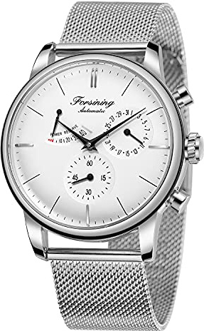 BOLYTE Montre pour Homme Analogique Automatique Mécanique avec Indicateur de Réserve de Marche Mouvement Seagull et Bracelet en Acier Inoxydable, Argenté/Blanc
