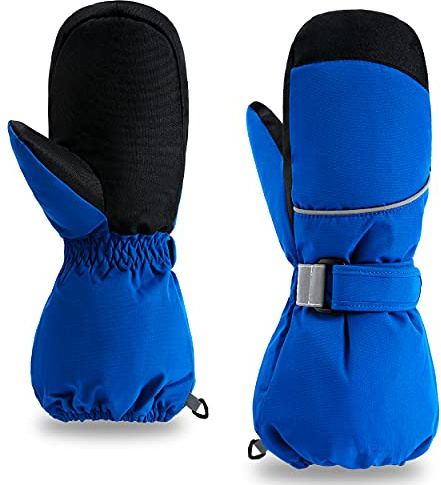 ThxToms Kids Ski Mittens Gloves, Toddler Snow Mittens Waterproof Winter Gloves Long Cuff for Boys Girls Skiing Snowboarding (Blue XS)