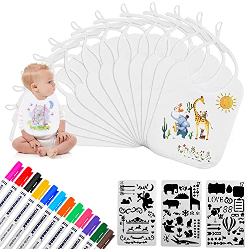 Aohcae 12 Stück Lätzchen zum Bemalen, Lätzchen Bemalen Babyparty 12 Textilstiften und 3 Malen Schablonen Baby Shower Spiele für Babyshower Party Junge Mädchen