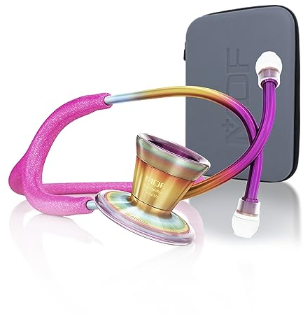 MDF Instruments ProCardial Kardiologie Stethoskop, Leichtgewicht Titan, Erwachsene, Doppelkopf, Rosa Glitzerschlauch, Kaleidoskop Bruststück-Headset, MDF797TGL32KL+ Reiseetui