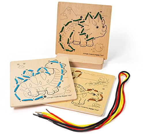 Bigjigs Toys, Lacing by Numbers - Dinosaur, Wooden Toys, Lacing Toy, Threading Toys, Wooden Threading Toys, Threading Toys for 3 Year Olds, Toddler Toys, Fine Motor Skills Toys