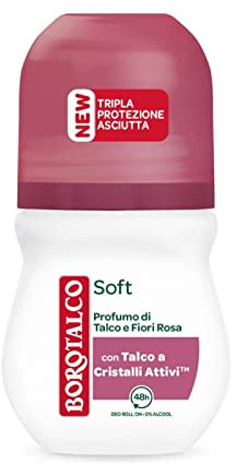 Borotalco Deodorant Soft, Duft von Talkum und rosa Blumen, Damen-Deo Roll-On mit Talkum mit aktiven Kristallen, dreifacher Trockenschutz für 48 Stunden, trockene Wirksamkeit, ohne Alkohol, 50 ml